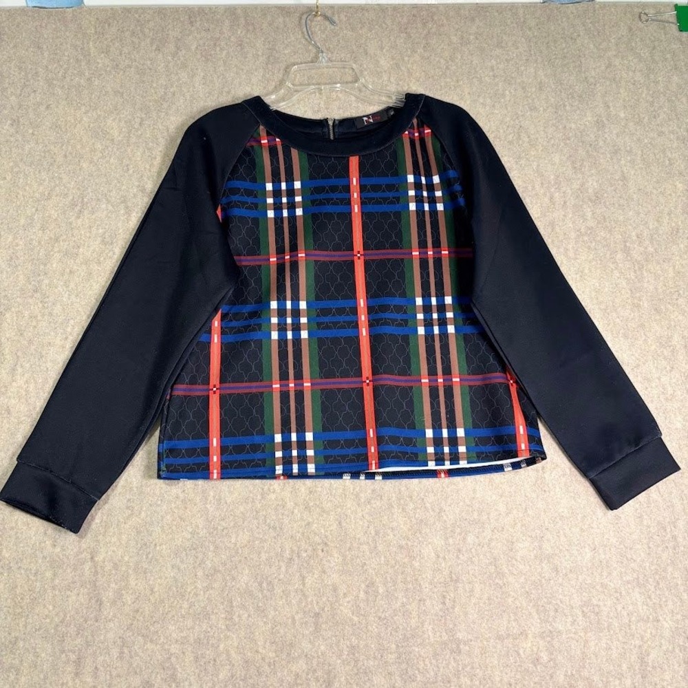 N-Yang Plaid Top Size M Black Multi Scuba Knit Raglan Sleeve Zip Back Boho Funky